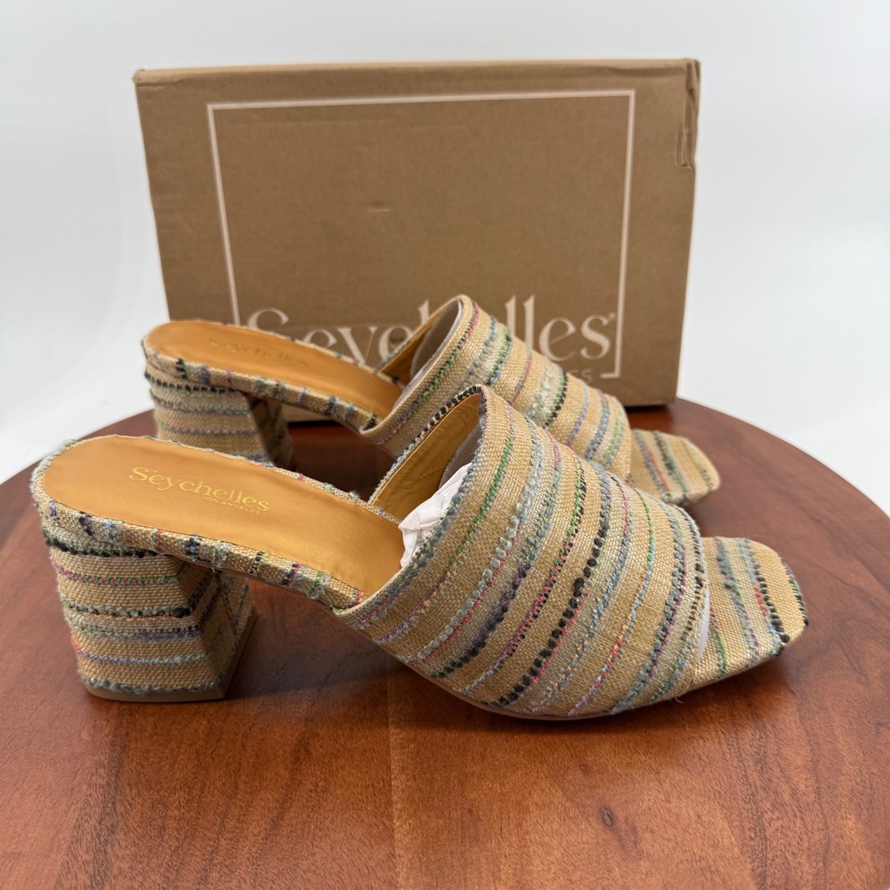 Seychelles Adapt Multi Stripe Raffia Block Heel Mules Womens 11 NB08126 New Box
